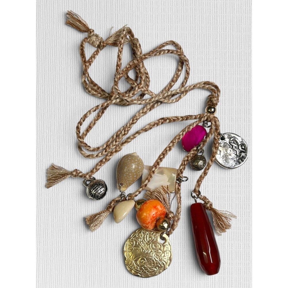 Bohemian Long Cord Necklace Tassel Mixed Charms Stone Shell Soft Braided Hippie